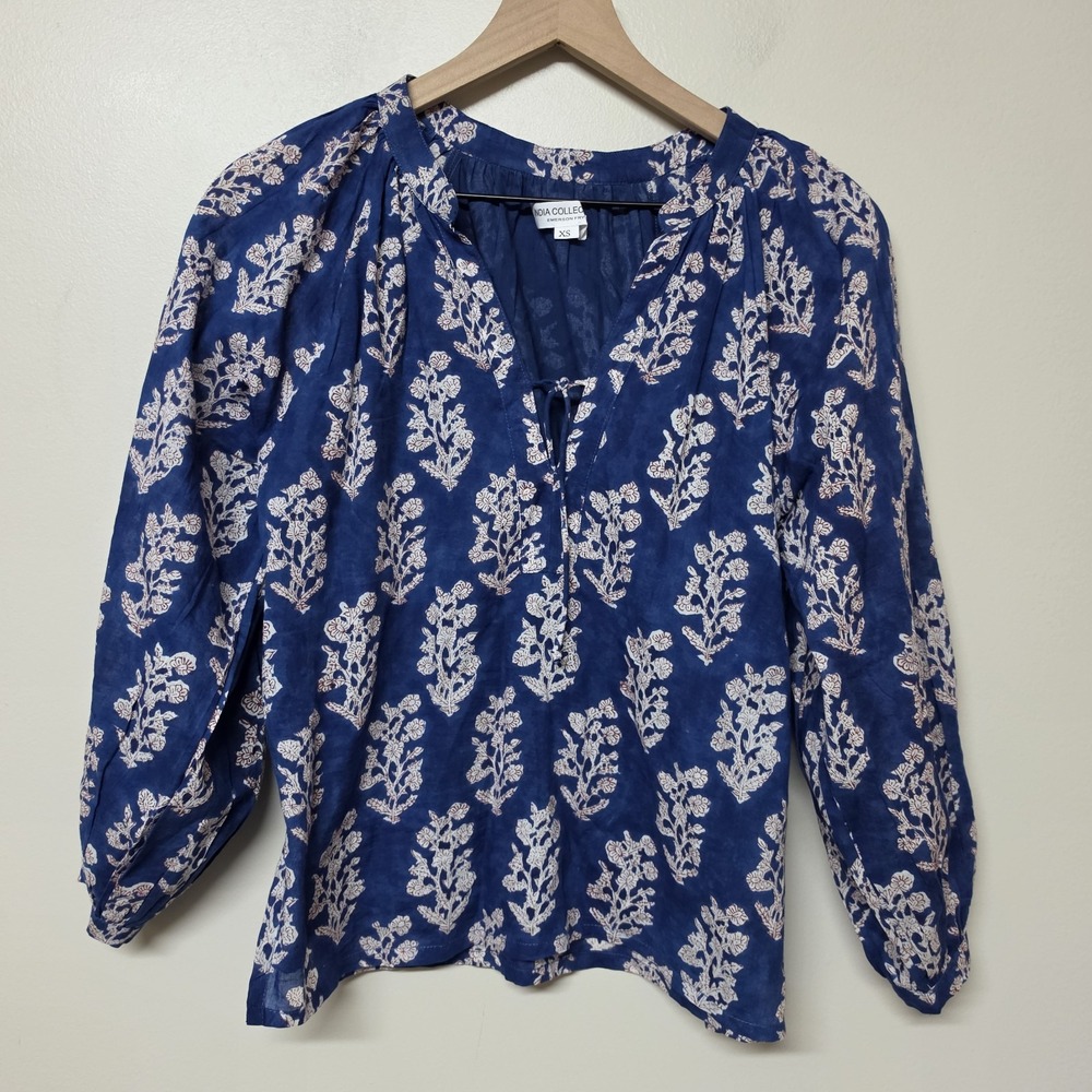 Emerson Fry India Collection XS Blue Floral Block Print Peasant Blouse Boho Top